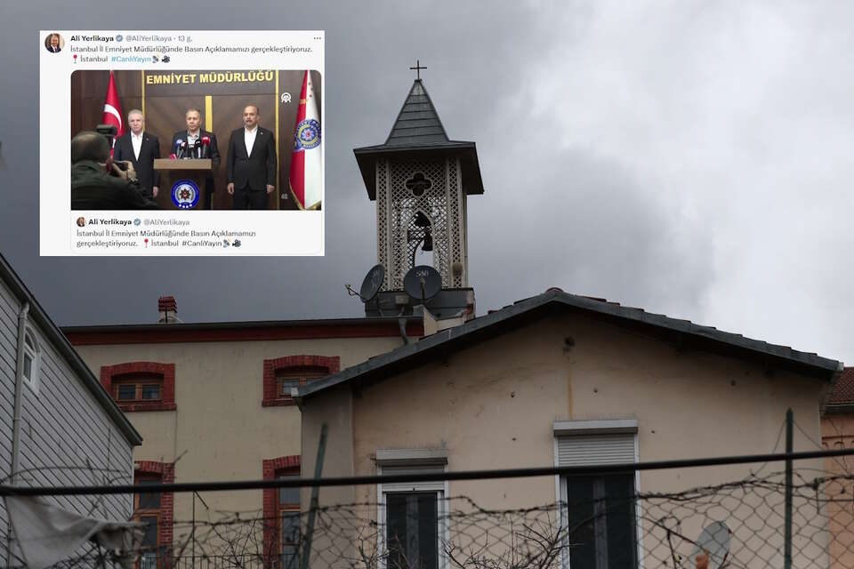 Widok na kościół Santa Maria po ataku przeprowadzonym przez dwóch napastników w Stambule, Turcja, 28 stycznia 2024 r. / autor: PAP/EPA/ERDEM SAHIN