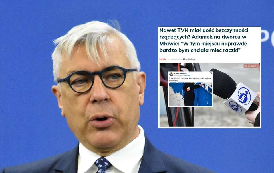 Krytyczny materiał TVN o nieodśnieżonym peronie w Mławie wywołał reakcję posła KO Romana Giertycha. / autor: Fratria