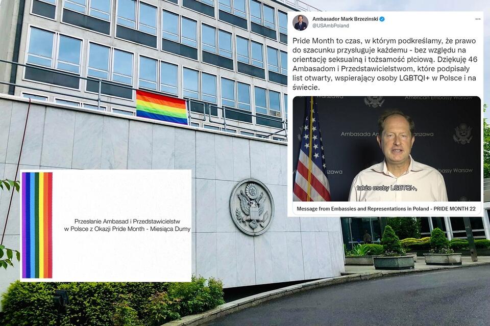 W tle ambasada USA z tęczową flagą wywieszoną z okazji tzw. Pride Month / autor: Twitter/@USEmbassyWarsaw/@USAmbPoland/