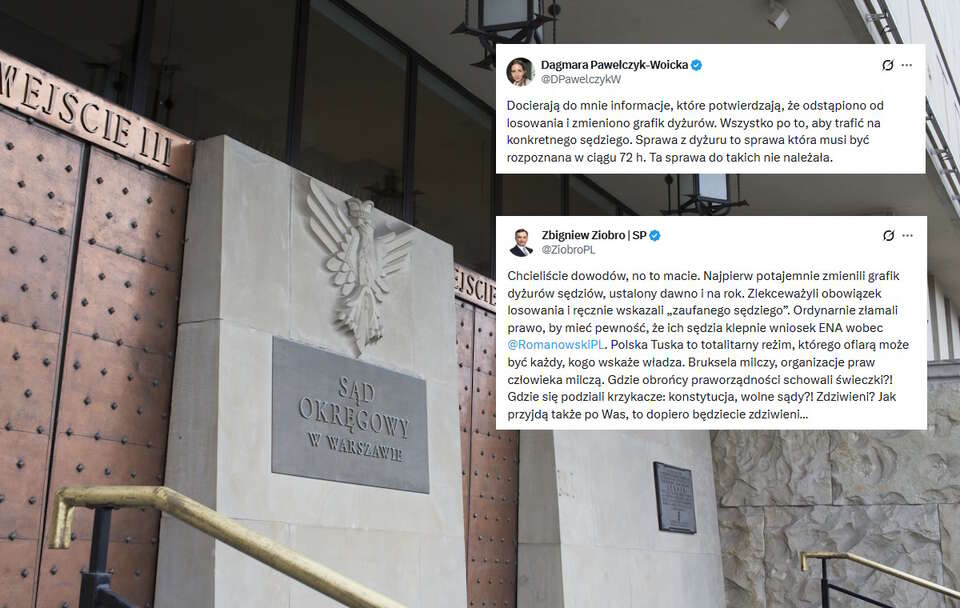 W Sądzie Okręgowym w Warszawie miało dojść do zmiany grafiku sędziów, a wcześniej do odstąpienia od zasady losowania sędziego ws. ENA dla Posła Romanowskiego. Ważne pytania zadaje przewodnicząca KRS sędzia Pawełczyk-Woicka. / autor: Fratria/X