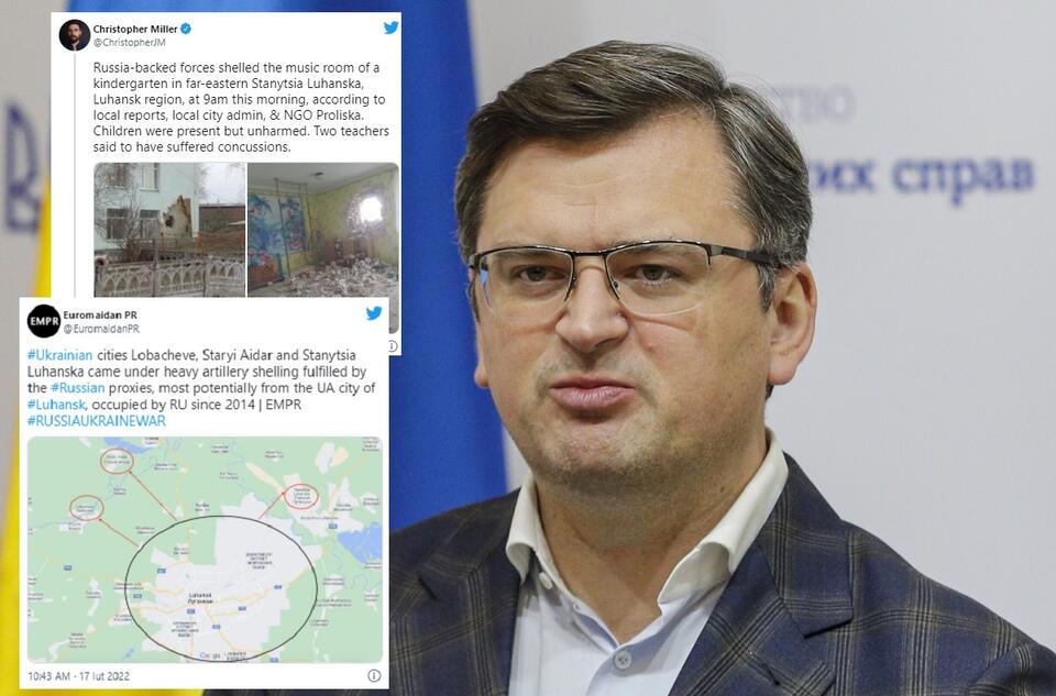 Szef MSZ Ukrainy Dmytro Kułeba, zdjęcia przedstawiające ostrzał ukraińskiej wsi Stanica Ługańska / autor: PAP/EPA;Twitter