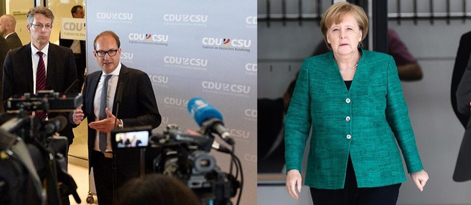 Alexander Dobrindt, szef grupy krajowej CSU i Angela Merkel, kanclerze Niemiec, lider CDU / autor: PAP/EPA