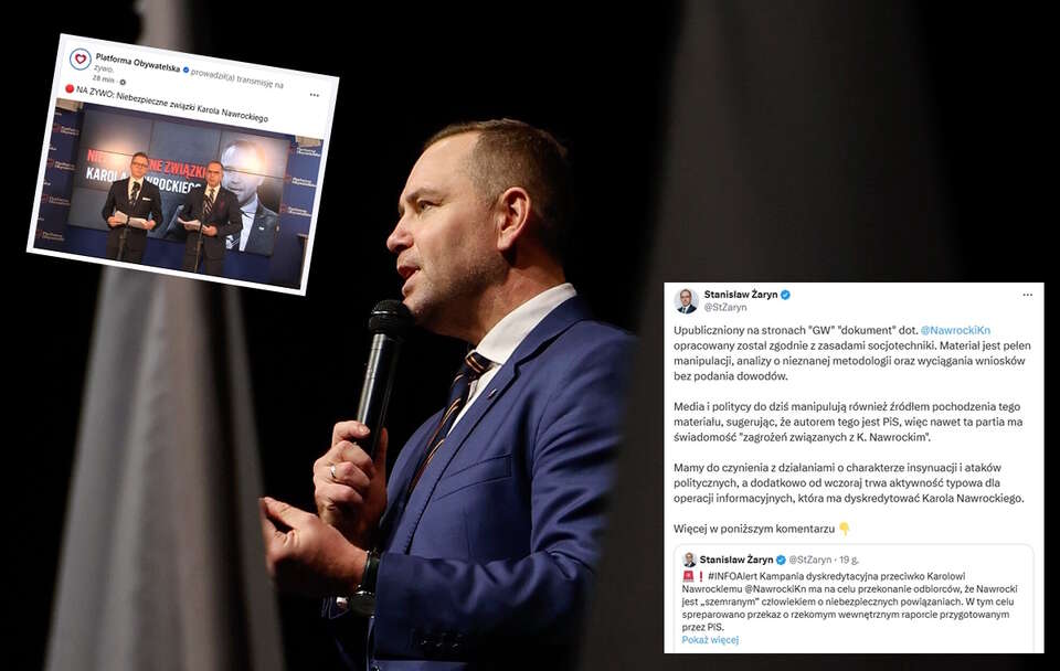 Kandydat Komitetu Obywatelskiego w wyborach na prezydenta RP, popierany przez PiS, prezes IPN Karol Nawrocki podczas spotkania w Głogowie / autor: PAP/Tomasz Golla, Facebook/Platforma Obywatelska, X/Stanisław Żaryn