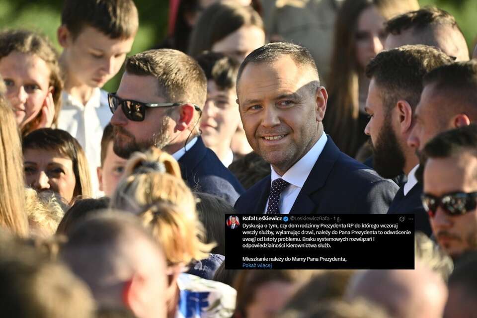 Prezydent RP Karol Nawrocki (C-P) podczas spotkania z mieszkańcami w miejscowości Bielany-Jarosławy oraz wpis Rafała Leśkiewicza (screen z X) / autor: PAP/Przemysław Piątkowski/X-Rafał Leśkiewicz (screen)