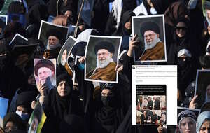 Na zdjęciu muzułmanie trzymający zdjęcia Ali Chamenia oraz wpis Pawła Jabłońskiego (screen z X) / autor: PAP/EPA/X-Paweł Jabłoński (screen)