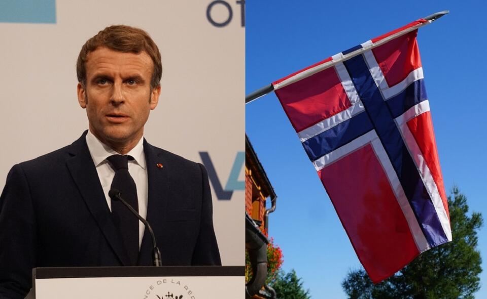 Prezydent Francji Emmanuel Macron/Flaga Norwegii / autor: Fratria