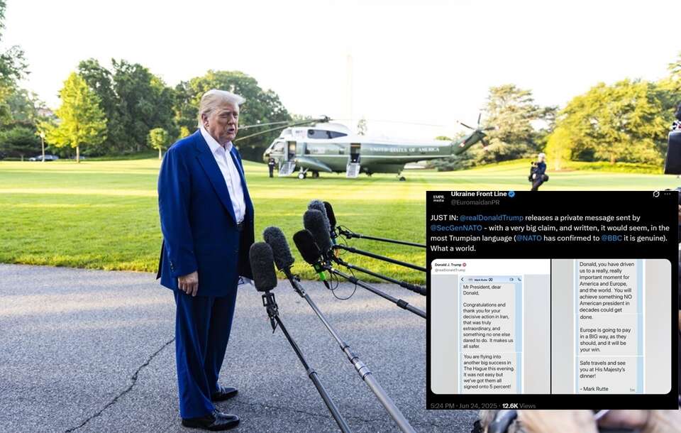 Donald Trump przed wylotem na szczyt NATO w Hadze / autor: PAP/EPA/JIM LO SCALZO/X: @EuromaidanPR