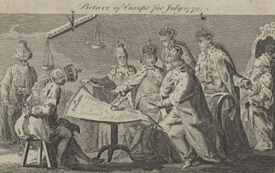 "Europa w lipcu 1772 r.", angielska grafika dotycząca I rozbioru Polski / autor: Żródło: BN Polona