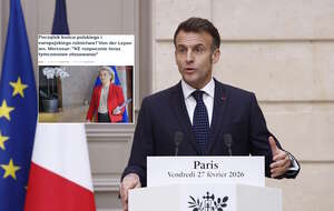 Na zdjęciu Emmanuel Macron oraz artykuł wPolityce o tymczasowym wdrożeniu umowy Mercosur / autor: PAP/EPA/wPolityce
