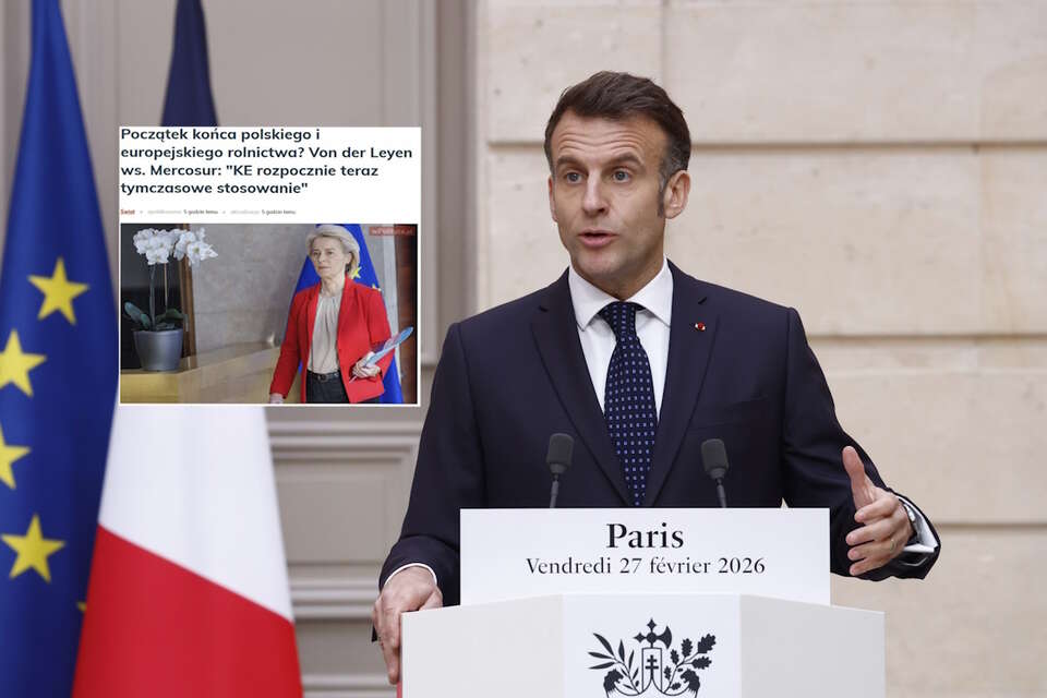 Na zdjęciu Emmanuel Macron oraz artykuł wPolityce o tymczasowym wdrożeniu umowy Mercosur / autor: PAP/EPA/wPolityce