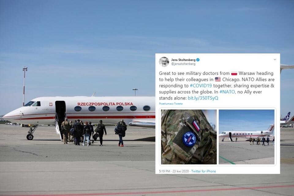 Wylot lekarzy Wojskowego Instytutu Medycznego do Chicago; wpis szefa NATO na Twitterze / autor: PAP/Leszek Szymański; Twitter/Jens Stoltenberg