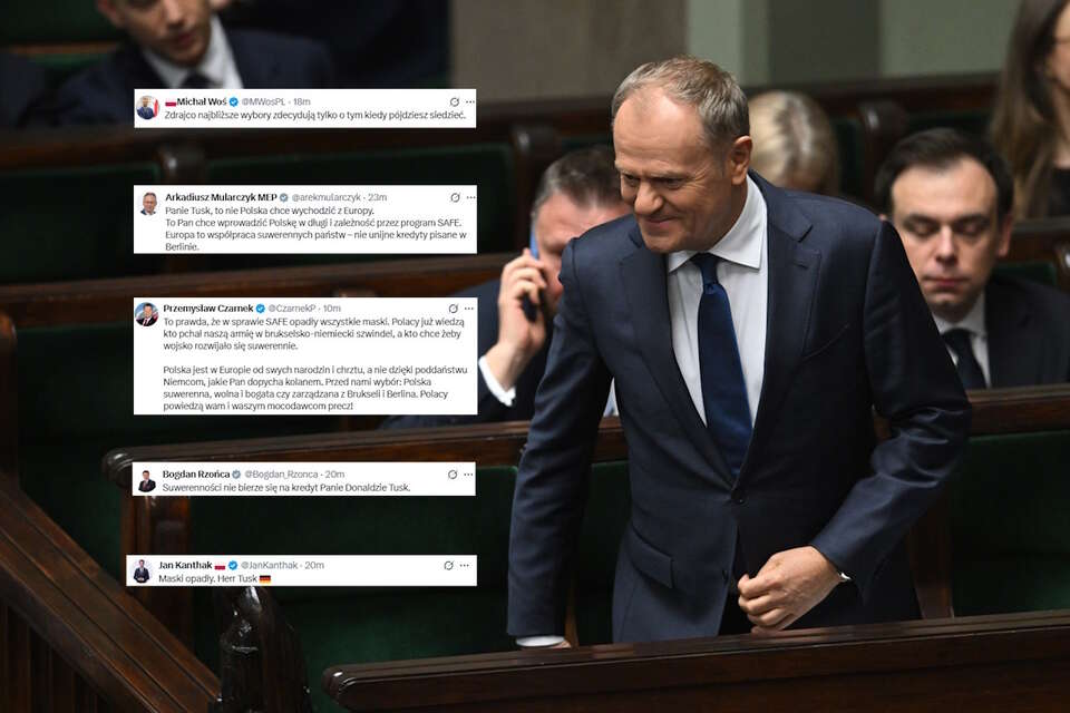 Na zdjęciu Donald Tusk w Sejmie oraz wpisy z portalu X (screeny) / autor: PAP/Radek Pietruszka/X