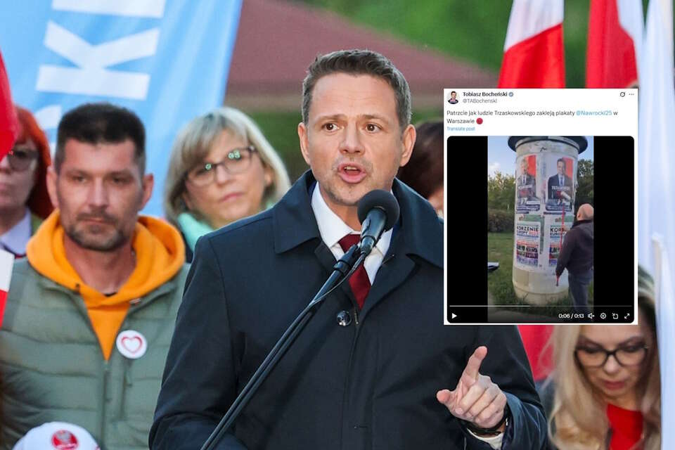 Na nagraniu widać, jak zwolennicy Trzaskowskiego naklejają plakaty swojego kandydata na materiałach Nawrockiego / autor: PAP/Marian Zubrzycki, X/Tobiasz Bocheński, screen