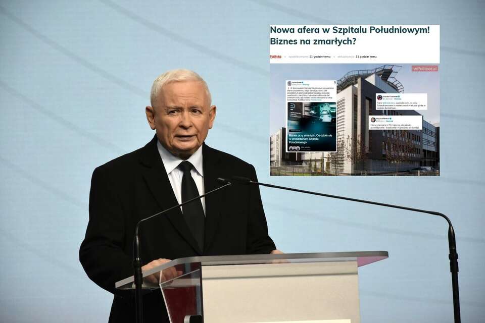Prezes PiS Jarosław Kaczyński na konferencji prasowej oraz artykuł portalu wPolityce.pl / autor: Fratria/X-Jarosław Kaczyński