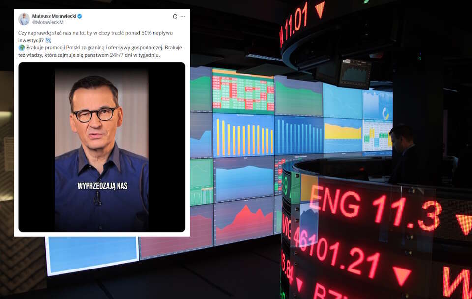 Mateusz Morawiecki uważa, że rząd Donalda Tuska nie dba o promocję Polski za granicą i nie ma ofensywy gospodarczej Na zdjęciu ilustracyjnym giełda i screen z wpisu Mateusza Morawieckiego / autor: Fratria/X