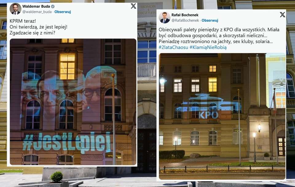 Iluminacje obnażające rząd Tuska na budynku KPRM