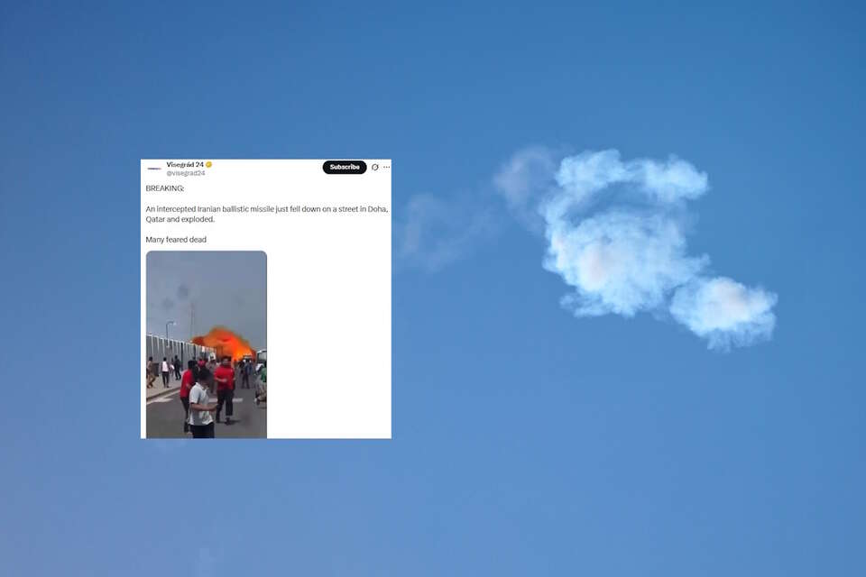 Na zdjęciu dym z przechwyconego pocisku nad Dohą w Katarze oraz wpis Visegrád 24 (screen z X) / autor: PAP/EPA/X-Visegrád 24 (screen)