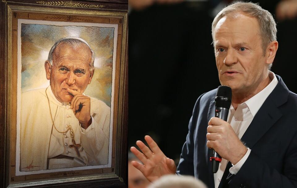 Portret św. Jana Pawła II; lider PO Donald Tusk w Żywcu / autor: Fratria; PAP/Zbigniew Meissner