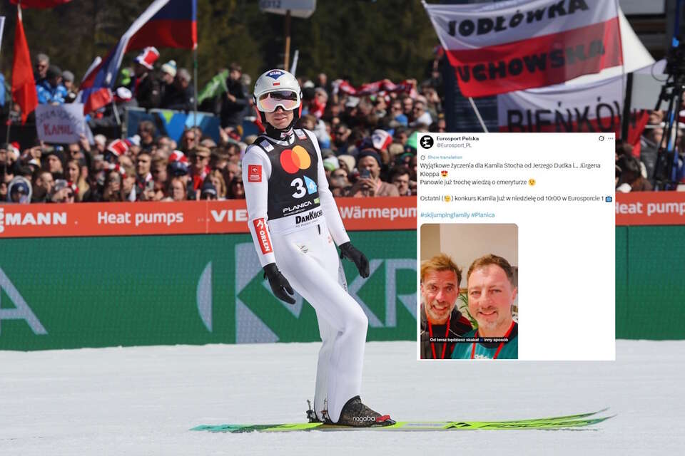 Na zdjęciu Kamil Stoch w Planicy oraz wpis Eurosport Polska (screen z X) / autor: PAP/Grzegorz Momot/X-Eurosport Polska (screen)