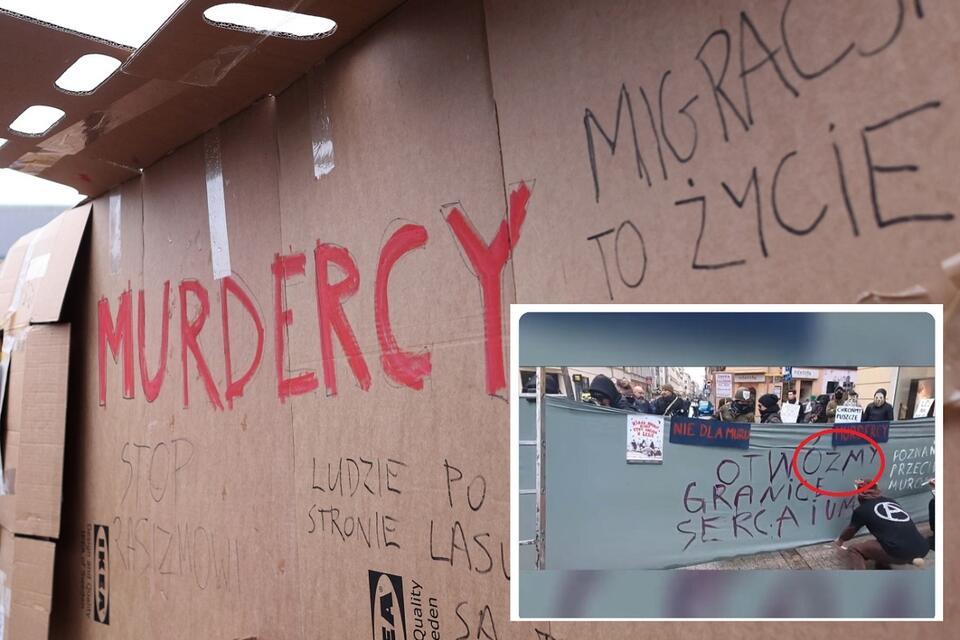 W tle zdjęcie z protestu w Warszawie przeciw budowie muru na granicy / autor: PAP/Leszek Szymański; Twitter