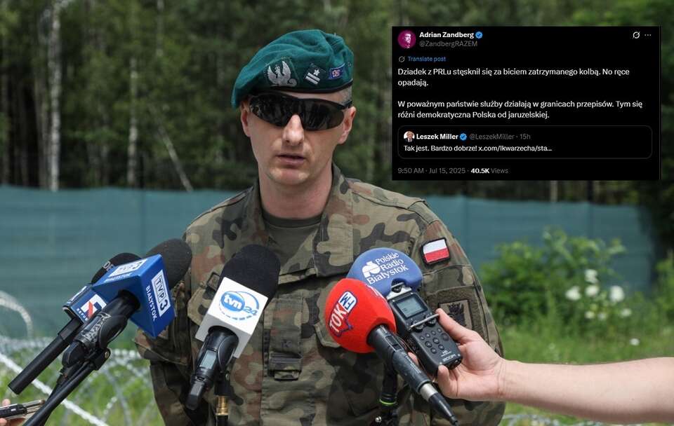  Szef sekcji prasowej Zgrupowania Zadaniowego Podlasie, major Błażej Łukaszewski podczas oświadczenia dla mediów w miejscowości Karakule / autor: PAP/Artur Reszko