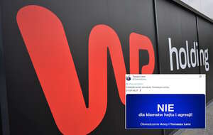 Na zdjęciu logo Wirtualne Polski na ścianie oraz wpis Tomasza Lenza (screen z X) / autor: Fratria/X-Tomasz Lenz (screen)