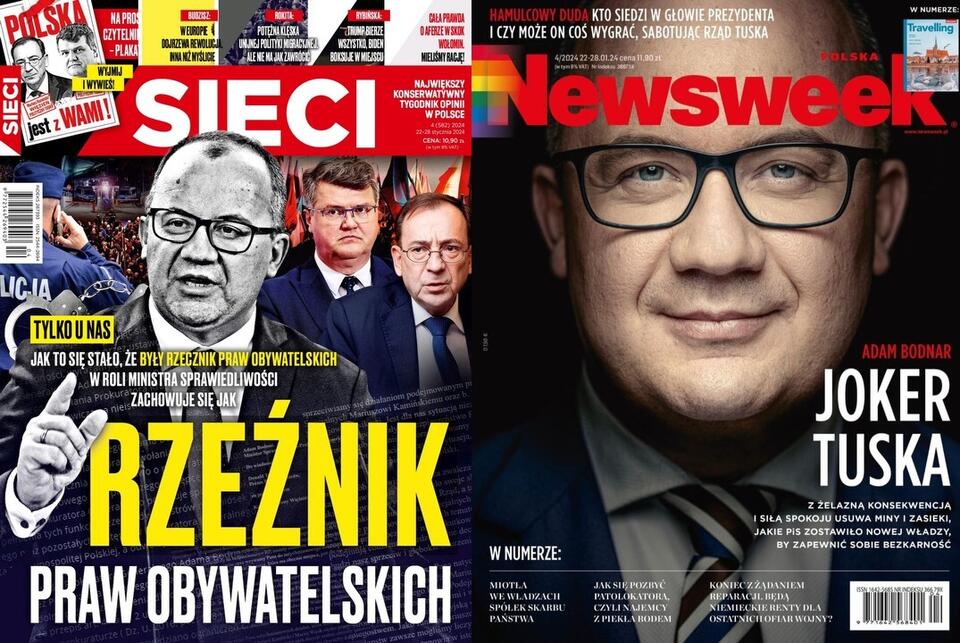 Okłądki wydań tygodników "Sieci" i "Newsweek" z 22 stycznia 2024 r. 
