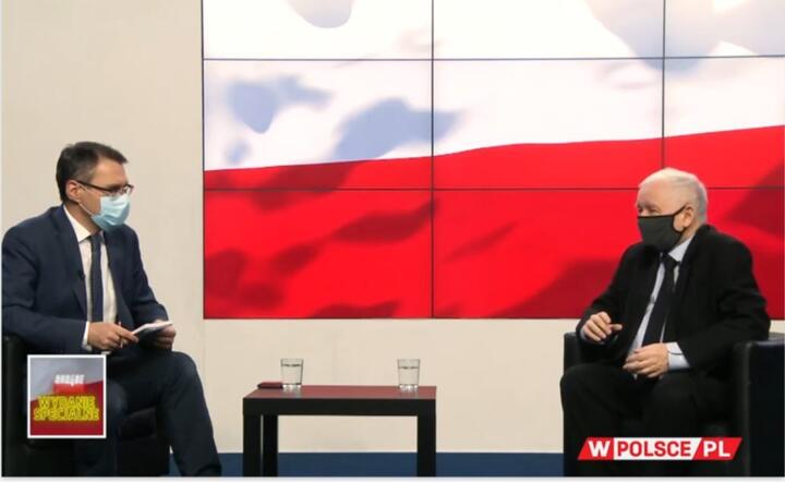 Jarosław Kaczyński podczas rozmowy z Michałem Karnowskim / autor: Fratria