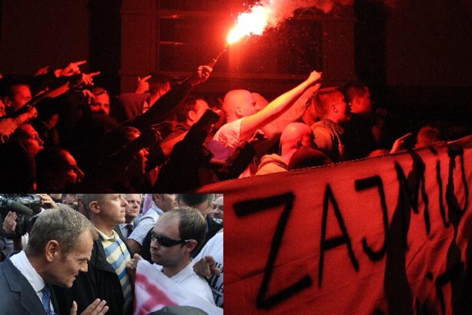 Demonstracja kibiców w Poznaniu; z lewej: premier rozmawia z kibicami w Kutnie. PAP