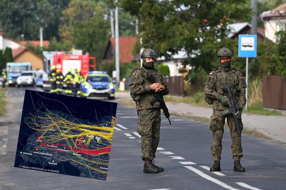 Służby w miejscu uderzenia drona w miejscowości Wyryki / autor: PAP/Wojtek Jargiło, X/WarNewsPL1
