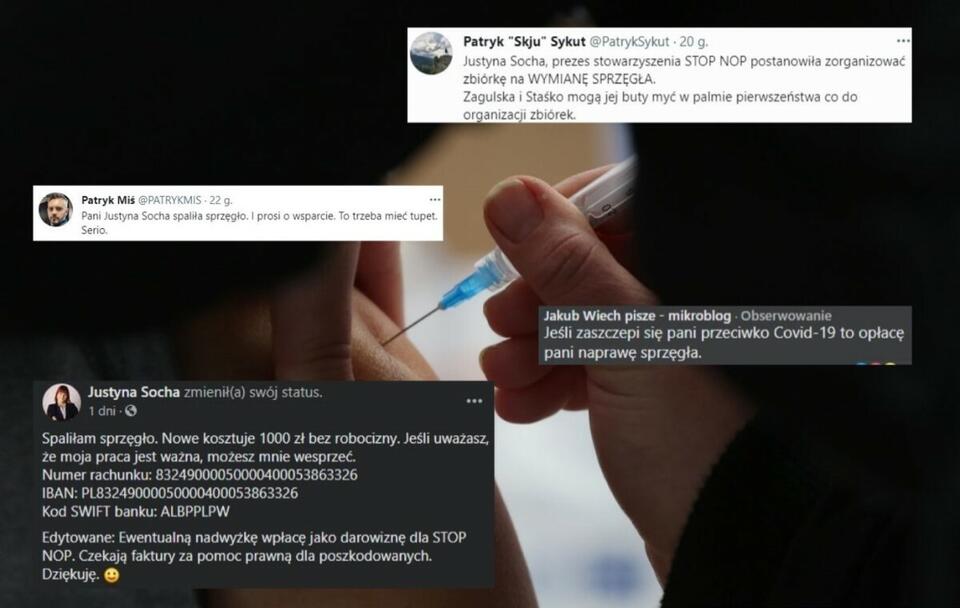 Kuriozalna zbiórka i hipokryzja antyszczepionkowej aktywistki / autor: PAP/EPA/car; Facebook (screeny); Twitter (screeny)