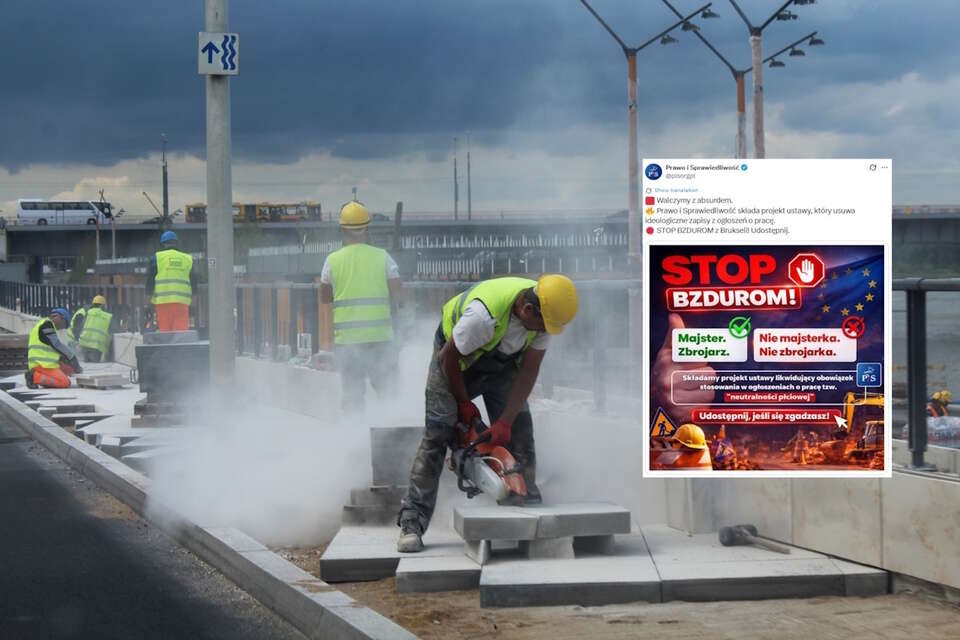 "Stop bzdurom z Brukseli!" PiS złożyło projekt ustawy, "który usuwa ideologiczne zapisy z ogłoszeń o pracę". Na zdjęciu robotnicy na placu budowy / autor: Fratria/X-PiS (screen)