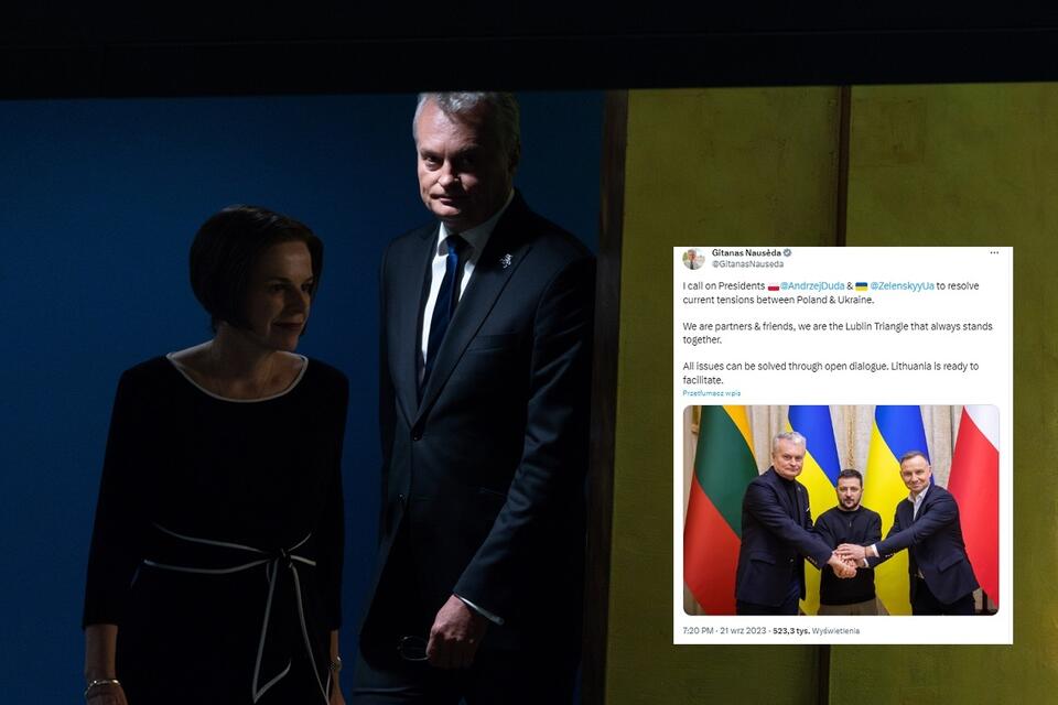 Na zdj. prezydent Litwy Gitanas Nauseda  podczas 78. sesji Zgromadzenia Ogólnego ONZ; w miniaturze wpis dot. sporu Polski i Ukrainy / autor: PAP/EPA; Twitter(X)/ Gitanas Nausėda