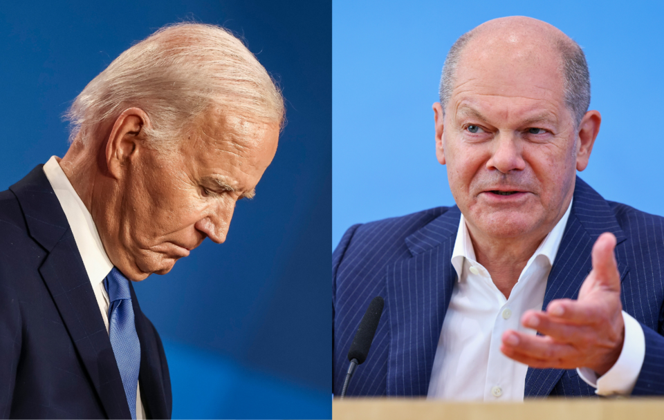 Joe Biden i Olaf Scholz  / autor: PAP/EPA/HANNIBAL HANSCHKE/JIM LO SCALZO