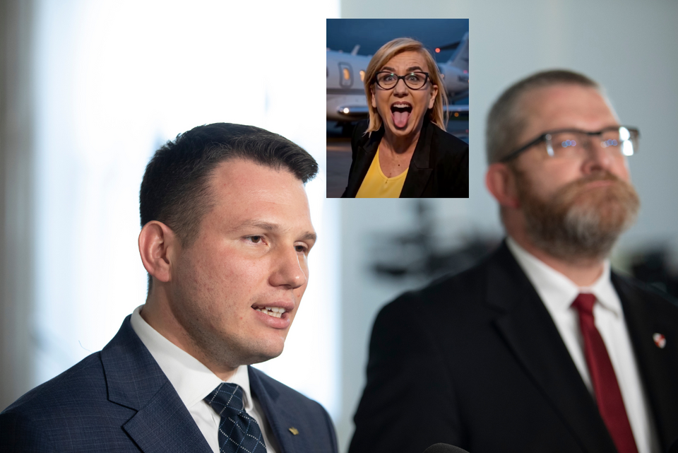Sławomir Mentzen i wygenerowany wizerunek Pauliny Hennig-Kloski. W tle Grzegorz Braun / autor: Fratria/fb/Sławomir Mentzen