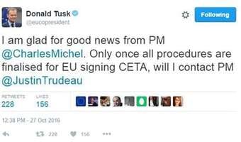 Belgia jednak przyjęła CETA - cieszy się z tego Donald Tusk