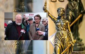 Mec. Wąsowski i mec. Skwarzyński po wyjściu z sali sądowej / autor: Fratria