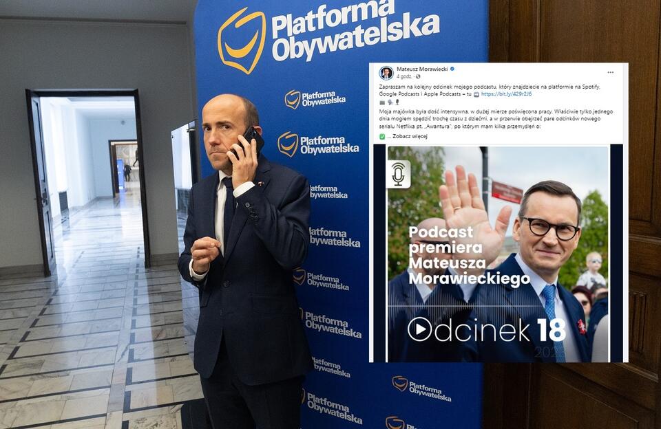 Na zdjęciu wspomniany przez premiera w podcaście szef klubu KO, b. lider PO Borys Budka / autor: Fratria; Facebook/Mateusz Morawiecki