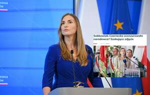 Magdalena Sobkowiak-Czarnecka podczas konferencji prasowej po posiedzeniu Rady Ministrów w siedzibie KPRM w Warszawie oraz artykuł portalu wPolityce / autor: PAP/Marcin Obara/wPolityce