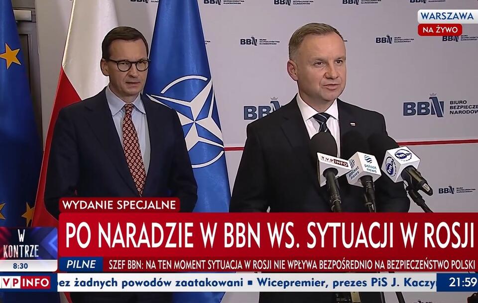 Prezydent i premier po naradzie w BBN / autor: wPolityce.pl/TVP Info
