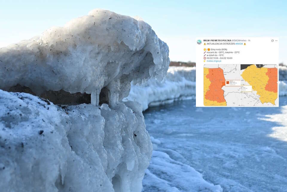 Zima zdecydowanie nie powiedziała ostatniego słowa. W nocy nawet -28 stopni! IMGW wydał ostrzeżenie II stopnia  przed silnym mrozem. Na zdjęciu lód oraz wpis IMGW (screen z X) / autor: PAP/Adam Warżawa/X-IMGW (screen)