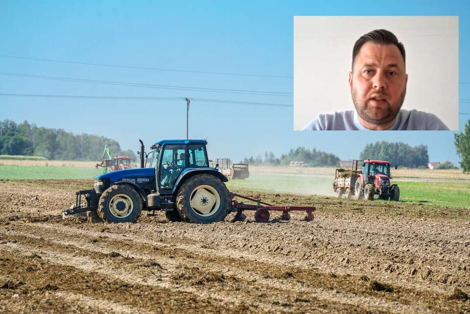maszyny rolnicze na polu oraz rolnik Łukasz Martyn na antenie Telewizji wPolsce24 / autor: Fratria/Telewizja wPolsce24