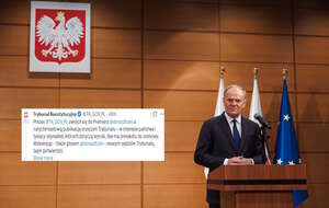 Na zdjęciu Donald Tusk w ambasadzie RP w Japonii oraz wpis Trybunału Konstytucyjnego (screen z X) / autor: PAP/Krystian Maj/KPRM/X-TK_GOV_PL (screen)