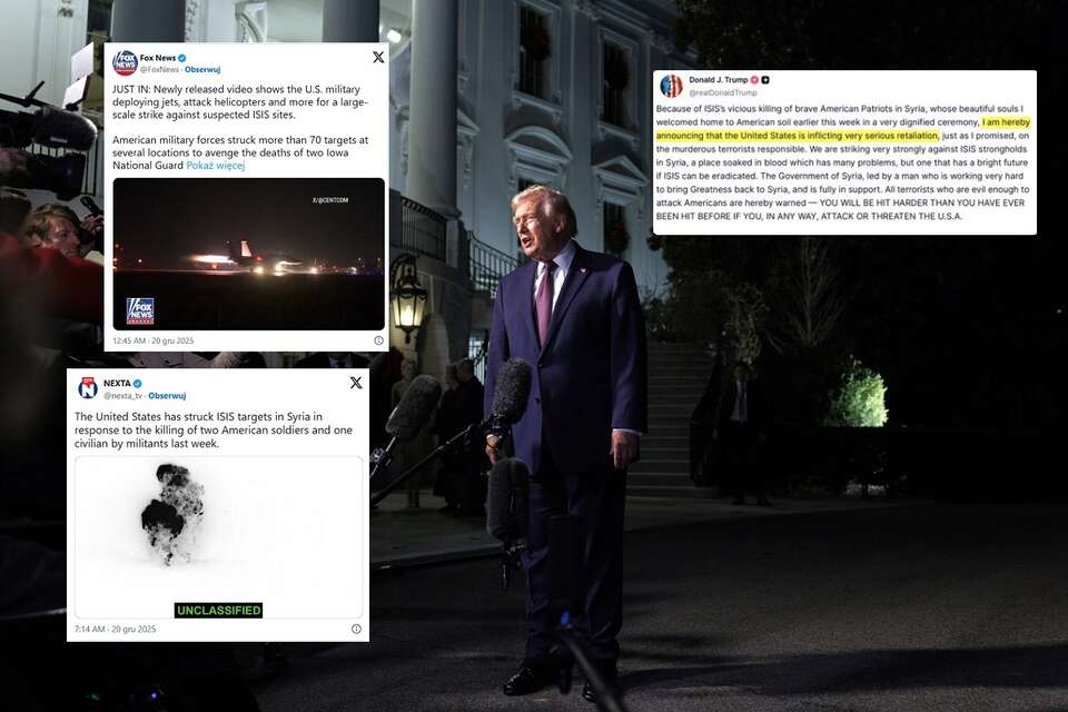 na zdj. prezydent USA - Donald Trump poinformował, że amerykańskie siły prowadzą „bardzo silne” uderzenia na bastiony dżihadystycznego Państwa Islamskiego (IS) w Syrii / autor: PAP/EPA/WILL OLIVER / POOL, X
