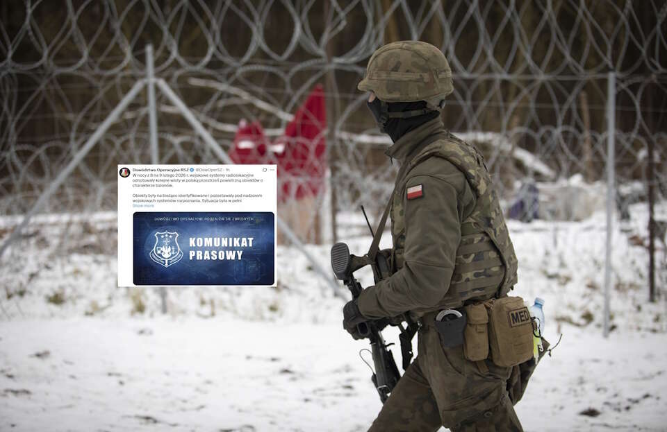 Nie ustaje testowanie polskiej gotowości. Przestrzeń powietrzna została naruszona. "Siły Zbrojne RP utrzymują całodobową gotowość". Na zdjęciu ilustracyjnym polski żołnierz patrolujący granicę oraz wpis Dowództwa Operacyjnego RSZ (screen z X) / autor: Fratria/X-Dowództwo Operacyjne RSZ (screen)