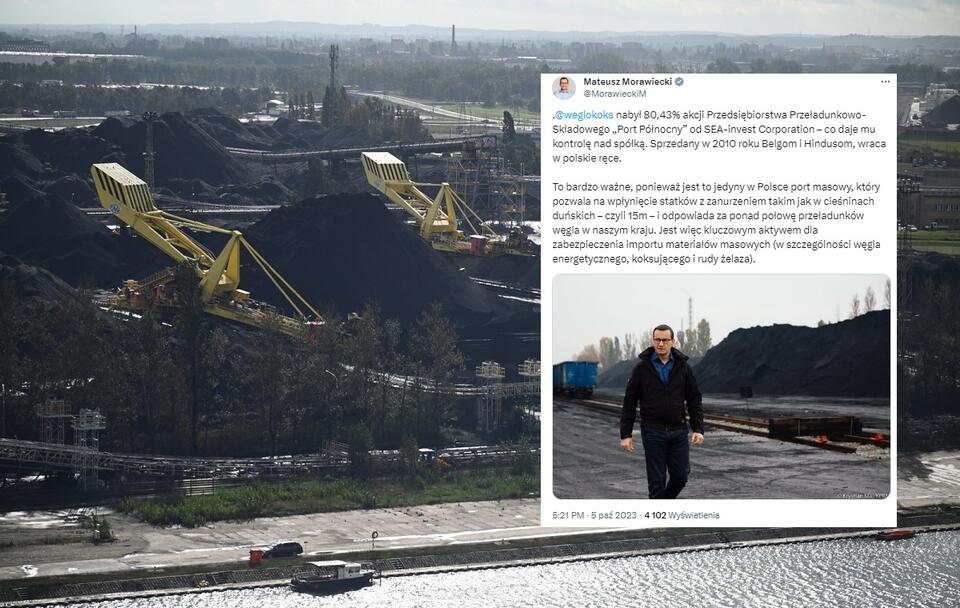 Miejsce składowania węgla na terenie Portu Północnego w Gdańsku / autor: PAP/Adam Warżawa; Twitter(X)/Mateusz Morawiecki