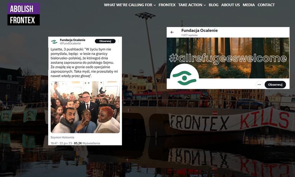 autor: Zrzuty ekranu ze strony Abolish Frontex i profilu Fundacji Ocalenie na X