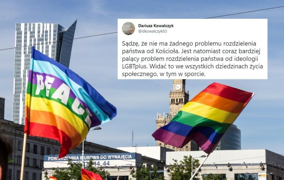Flagi LGBT/Tweet Dariusz Kowalczyk / autor: Fratria; Twitter Dariusz Kowalczyk (screenshot)