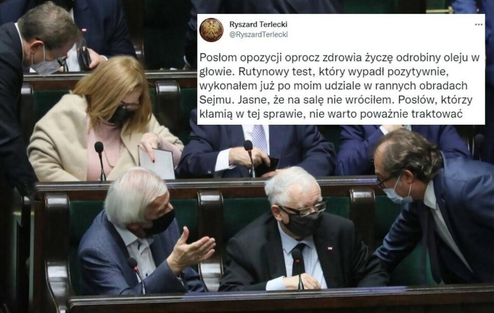 Nagonka na Terleckiego po pozytywnym wyniku testu na COVID / autor: PAP/Paweł Supernak; Twitter/Ryszard Terlecki (screenshot)