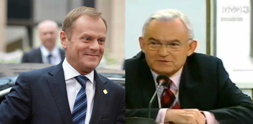 Donald Tusk wczoraj w Brukseli i Leszek Miller w 2003 r. przed komisją śledczą ws. afery Rywina. Fot. PAP/EPA, YouTube